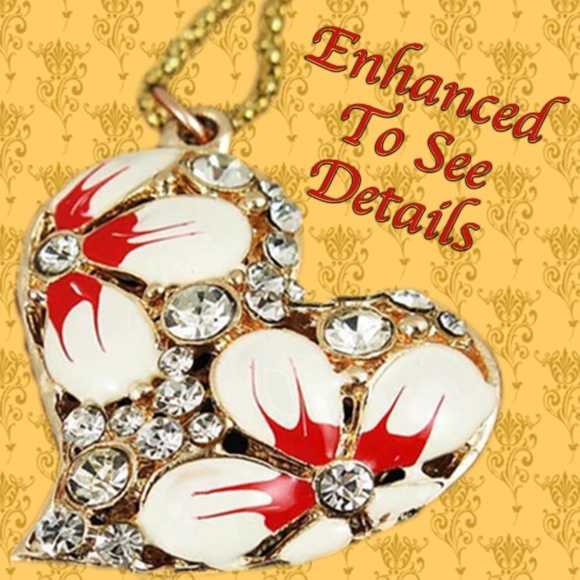 White crystal enamel Heart Pendant Necklace-Bohemian Floral-Unique - Picture 1 of 7